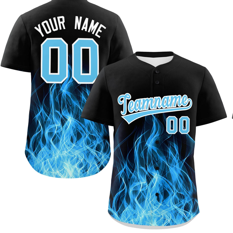Custom Black Sky Blue White Flame Graffiti Pattern Personalization Baseball Jersey | BuyFootballJersey