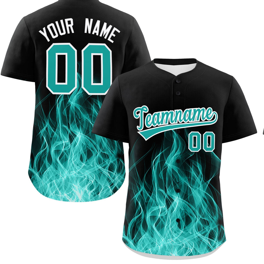 Custom Black Aqua White Flame Graffiti Pattern Personalization Baseball Jersey | BuyFootballJersey