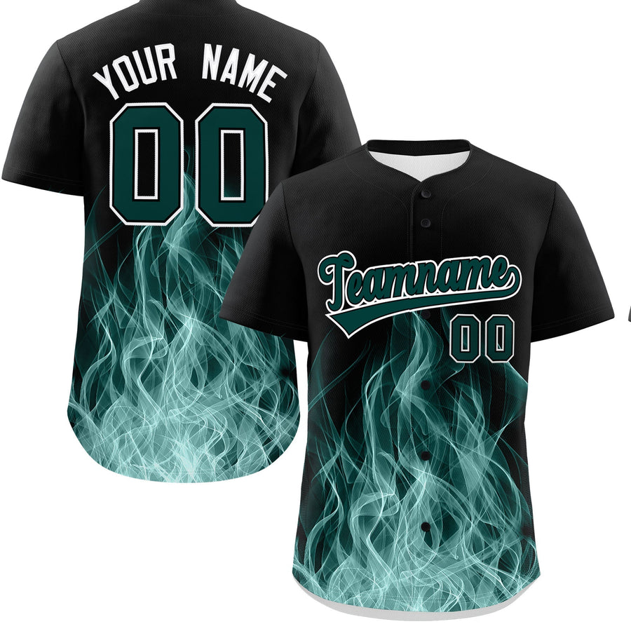 Custom Black Midnight Green White Flame Graffiti Pattern Personalization Baseball Jersey | BuyFootballJersey