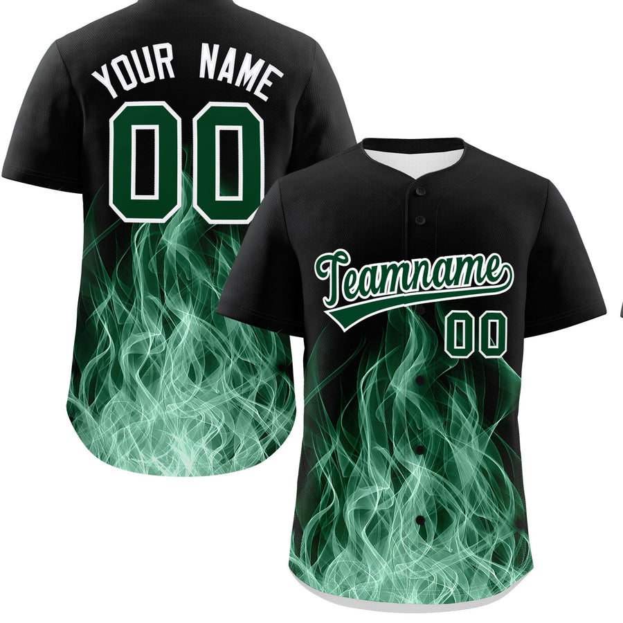 Custom Black Green White Flame Graffiti Pattern Personalization Baseball Jersey | BuyFootballJersey