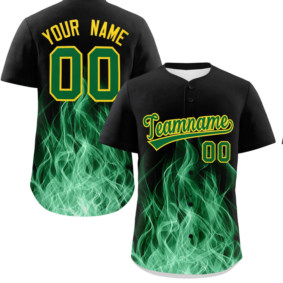Custom Black Kelly Green Gold Flame Graffiti Pattern Personalization Baseball Jersey | BuyFootballJersey