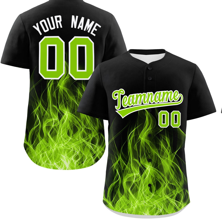 Custom Black Neon Green White Flame Graffiti Pattern Personalization Baseball Jersey | BuyFootballJersey