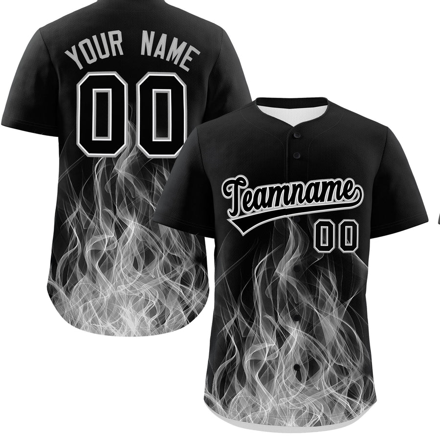 Custom Black White Gray Flame Graffiti Pattern Personalization Baseball Jersey | BuyFootballJersey