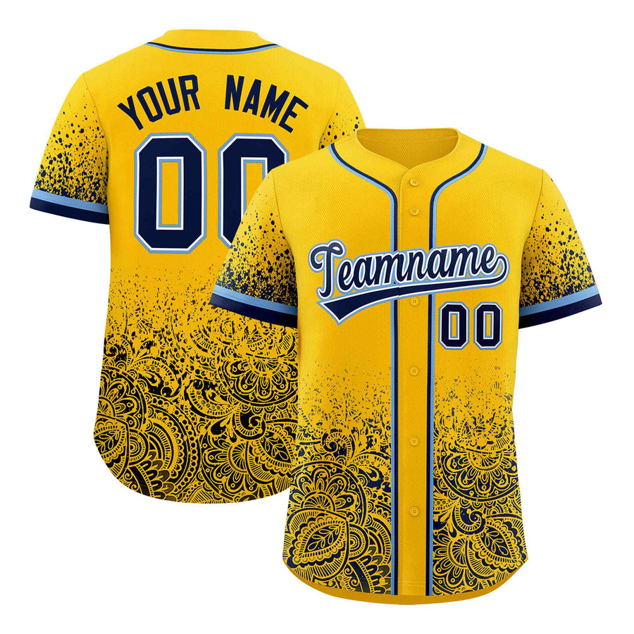 Custom Yellow Navy Floral Print Pattern Full Button Gradient Fashion Baseball Jersey | BuyFootballJersey