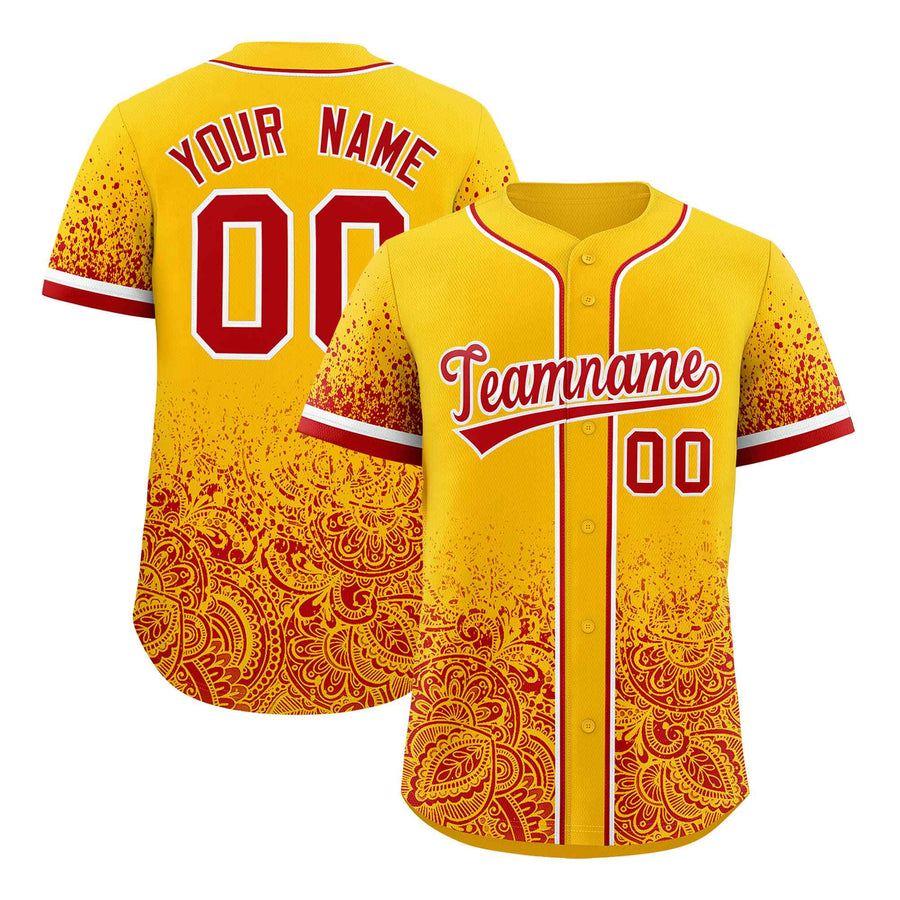 Custom Yellow Red Floral Print Pattern Full Button Gradient Fashion Baseball Jersey | BuyFootballJersey