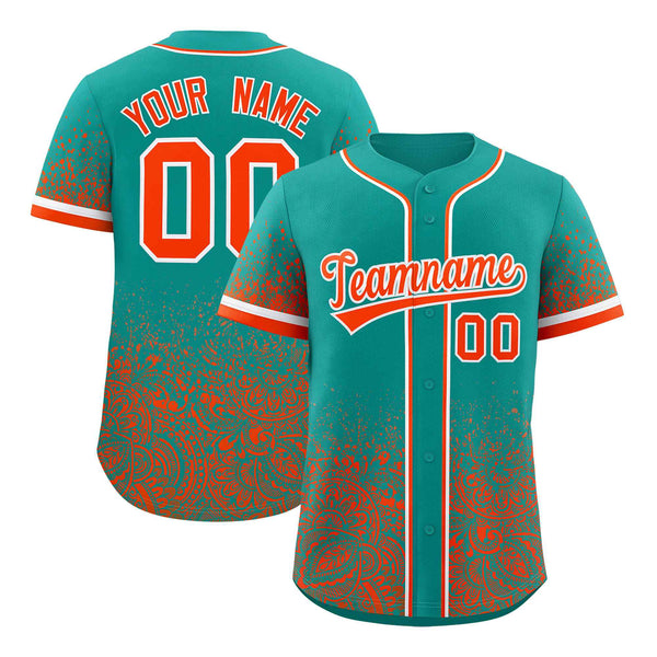 Custom Aqua Orange Floral Print Pattern Full Button Gradient Fashion Baseball Jersey | BuyFootballJersey