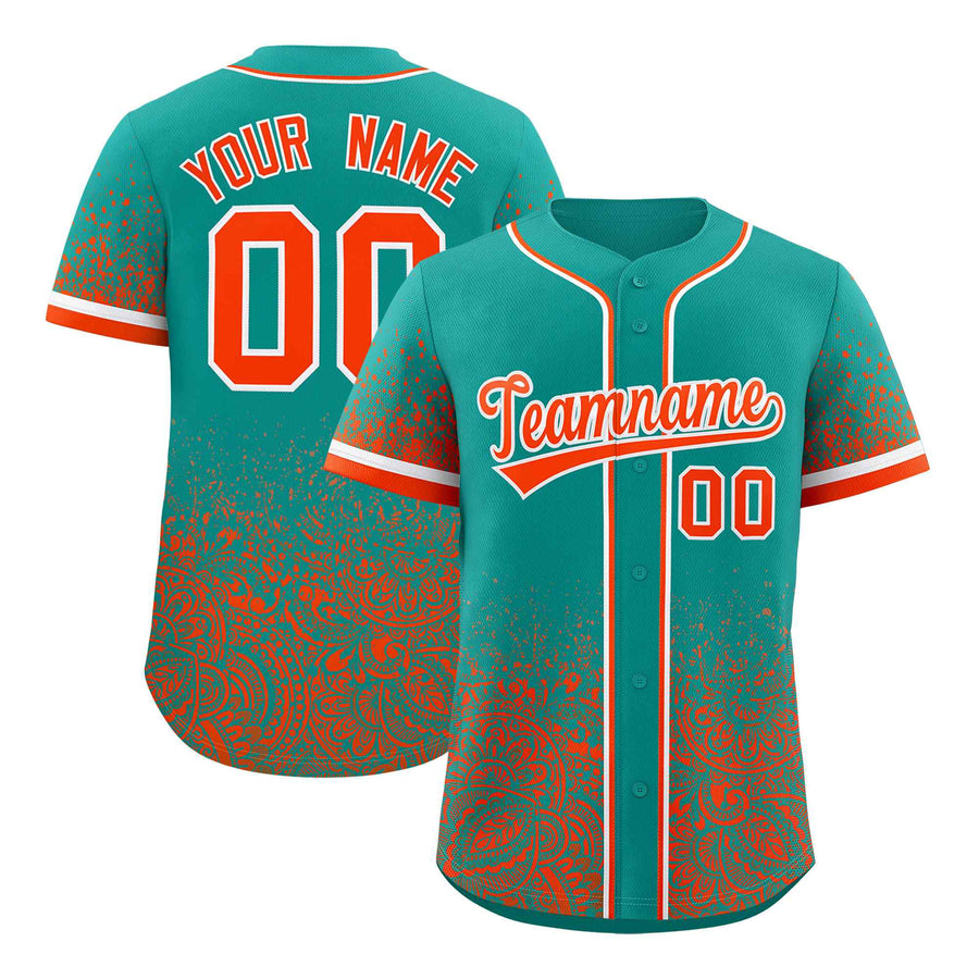 Custom Aqua Orange Floral Print Pattern Full Button Gradient Fashion Baseball Jersey | BuyFootballJersey