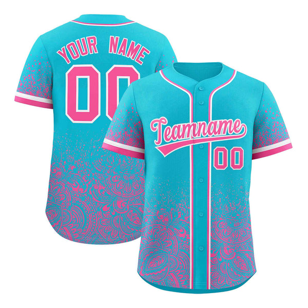 Custom Sky Blue Pink Floral Print Pattern Full Button Gradient Fashion Baseball Jersey | BuyFootballJersey