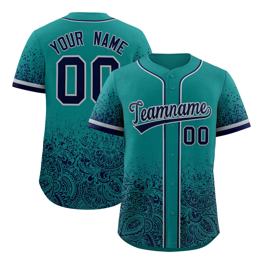 Custom Teal Navy Floral Print Pattern Full Button Gradient Fashion Baseball Jersey | BuyFootballJersey