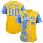 Custom Yellow Powder Blue Split Personalized Graffiti Raglan Sleeve Baseball Jersey | BuyFootballJersey