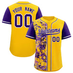 Custom Yellow Purple Split Personalized Graffiti Raglan Sleeve Baseball Jersey | BuyFootballJersey