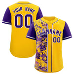 Custom Yellow Purple Split Personalized Graffiti Raglan Sleeve Baseball Jersey | BuyFootballJersey