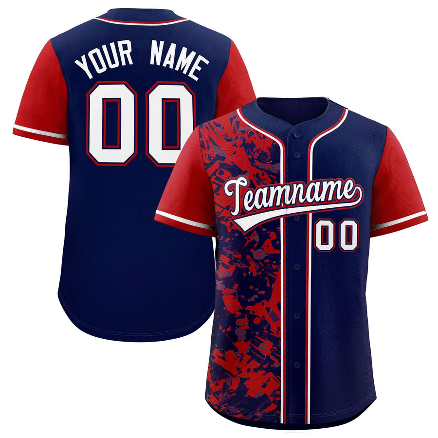 Custom Navy Red Split Personalized Graffiti Raglan Sleeve Baseball Jersey | BuyFootballJersey