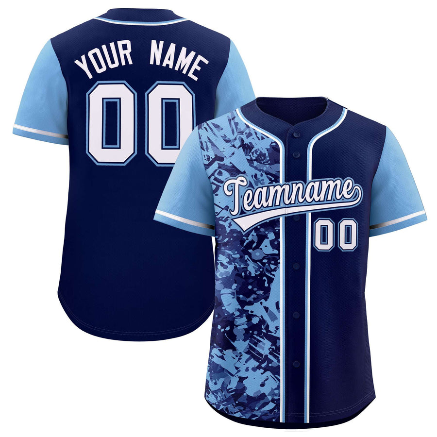 Custom Navy Powder Blue Split Personalized Graffiti Raglan Sleeve Baseball Jersey | BuyFootballJersey