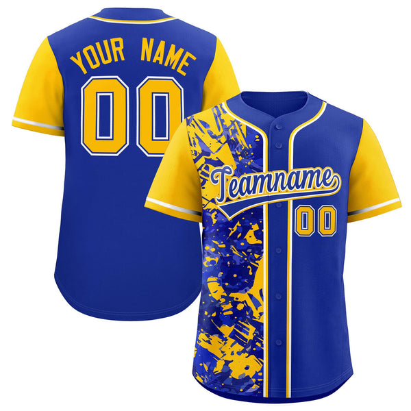 Custom Royal Yellow Split Personalized Graffiti Raglan Sleeve Baseball Jersey | BuyFootballJersey