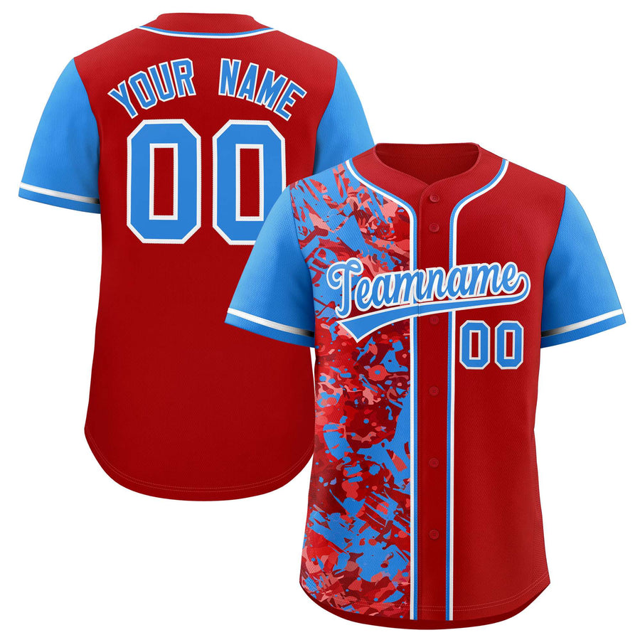 Custom Red Blue Split Personalized Graffiti Raglan Sleeve Baseball Jersey | BuyFootballJersey