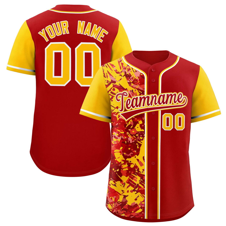 Custom Red Yellow Split Personalized Graffiti Raglan Sleeve Baseball Jersey | BuyFootballJersey