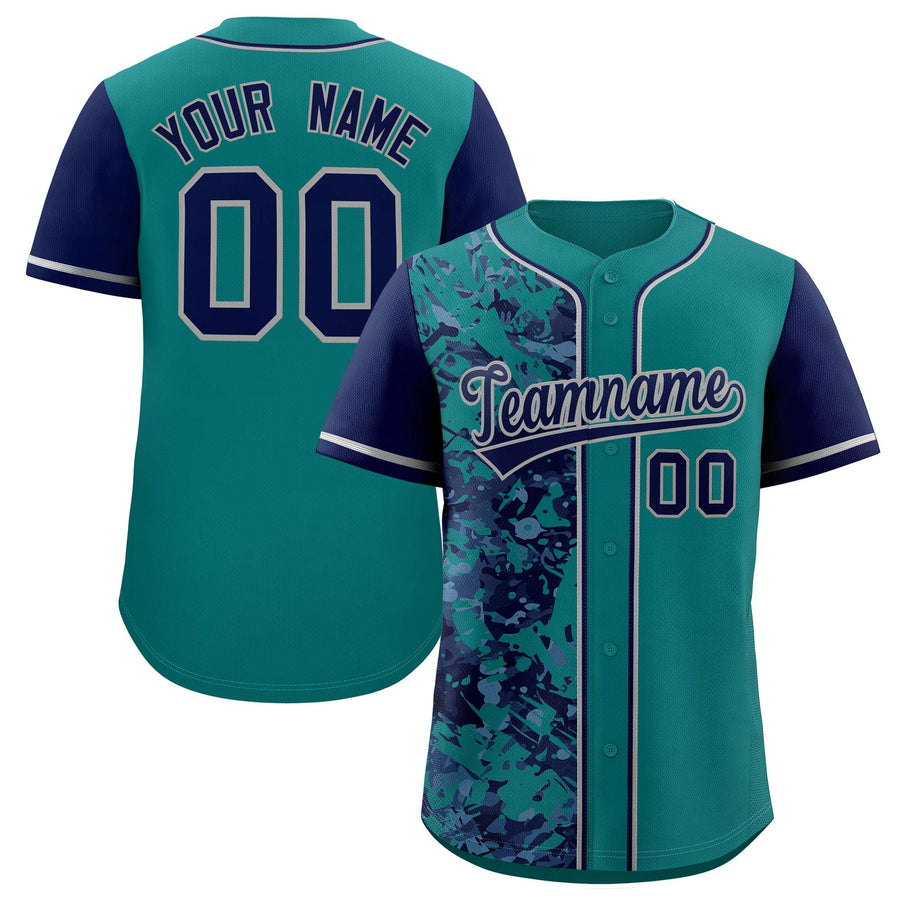 Custom Aqua Navy Split Personalized Graffiti Raglan Sleeve Baseball Jersey | BuyFootballJersey