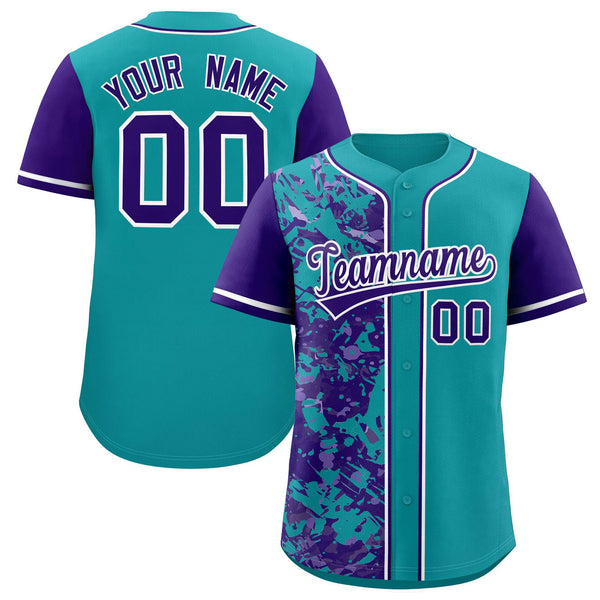 Custom Teal Purple Split Personalized Graffiti Raglan Sleeve Baseball Jersey | BuyFootballJersey