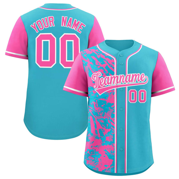 Custom Sky Blue Pink Split Personalized Graffiti Raglan Sleeve Baseball Jersey | BuyFootballJersey