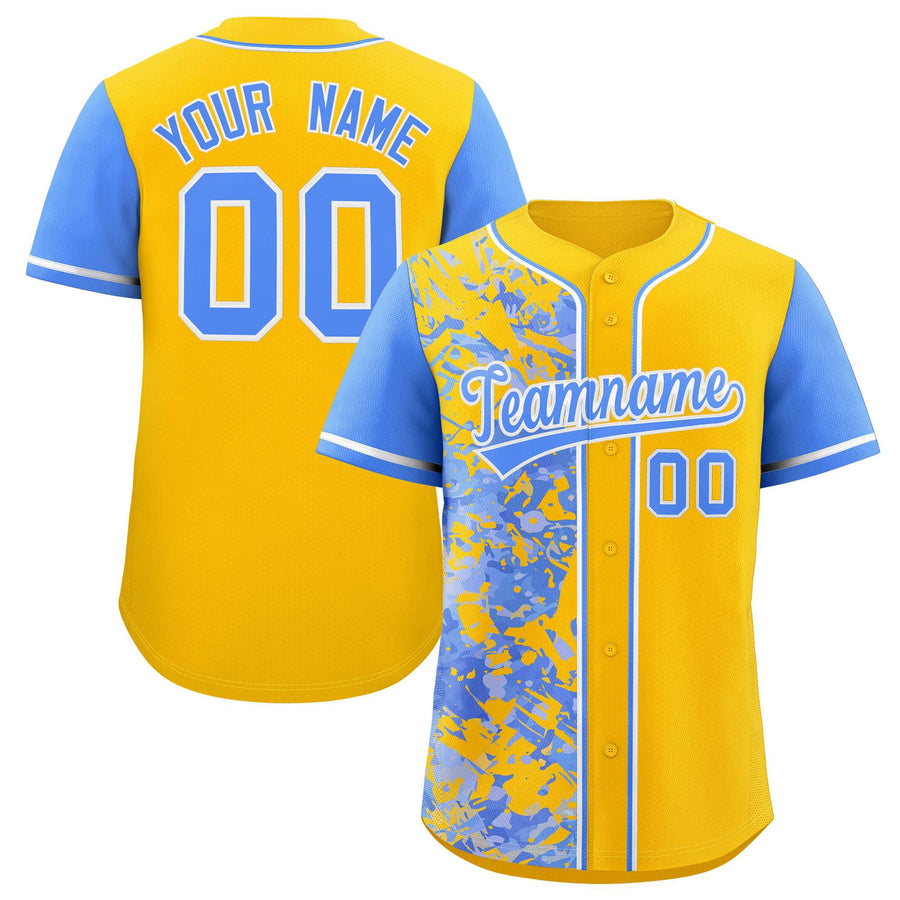 Custom Yellow Powder Blue Split Personalized Graffiti Raglan Sleeve Baseball Jersey | BuyFootballJersey