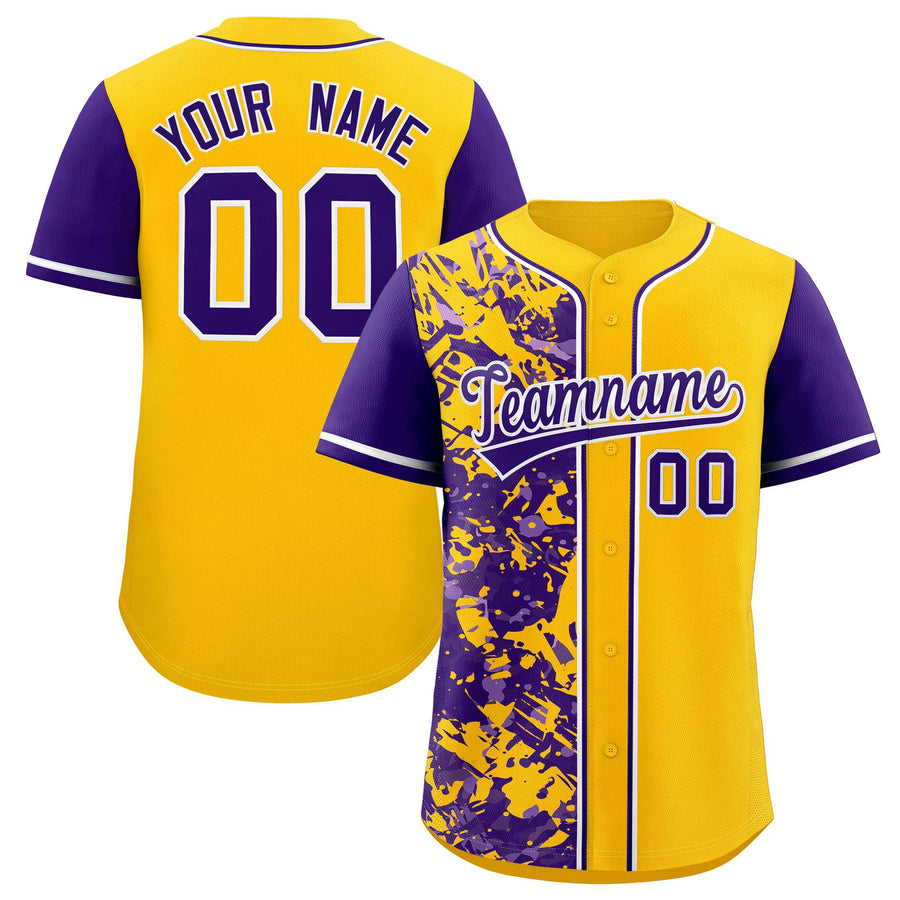 Custom Yellow Purple Split Personalized Graffiti Raglan Sleeve Baseball Jersey | BuyFootballJersey