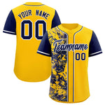 Custom Yellow Navy Split Personalized Graffiti Raglan Sleeve Baseball Jersey | BuyFootballJersey