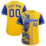 Custom Yellow Royal Split Personalized Graffiti Raglan Sleeve Baseball Jersey | BuyFootballJersey