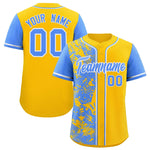 Custom Yellow Powder Blue Split Personalized Graffiti Raglan Sleeve Baseball Jersey | BuyFootballJersey