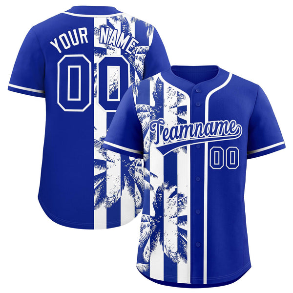 Custom Royal White Split Fashion Coconut Tree Design Baseball Jersey | BuyFootballJersey