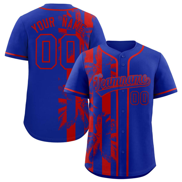 Custom Royal Red Split Fashion Coconut Tree Design Baseball Jersey | BuyFootballJersey