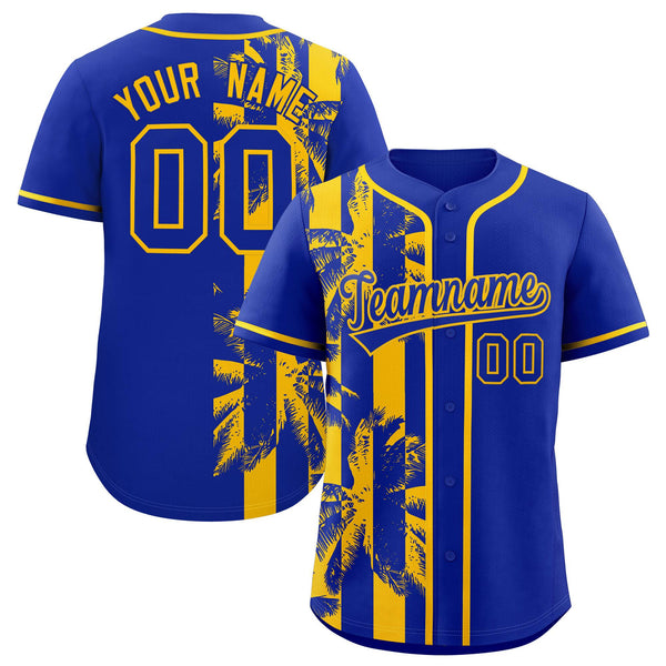Custom Royal Yellow Split Fashion Coconut Tree Design Baseball Jersey | BuyFootballJersey