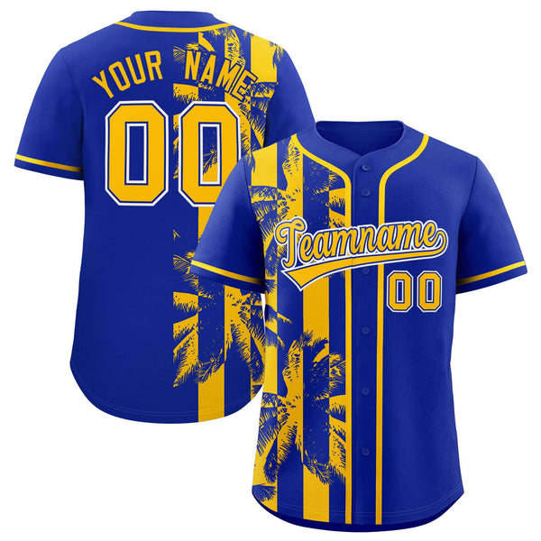Custom Royal Yellow Split Fashion Coconut Tree Design Baseball Jersey | BuyFootballJersey