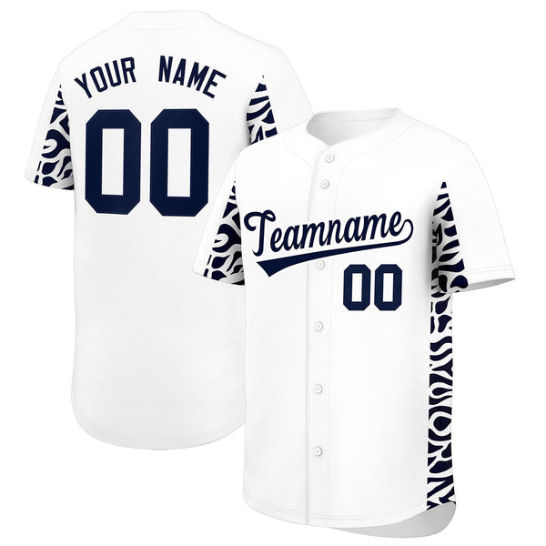 Custom White Navy Personalized Leopard Graffiti Pattern Side Design Baseball Jersey | BuyFootballJersey