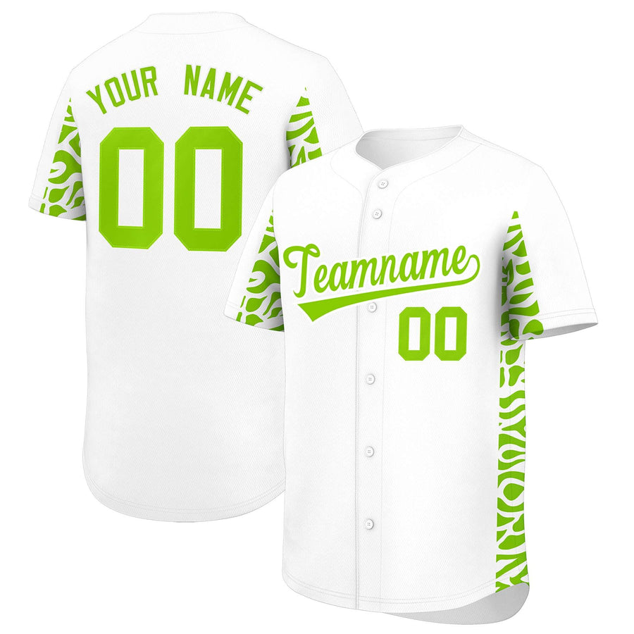 Custom White Neon Green Personalized Leopard Graffiti Pattern Side Design Baseball Jersey | BuyFootballJersey