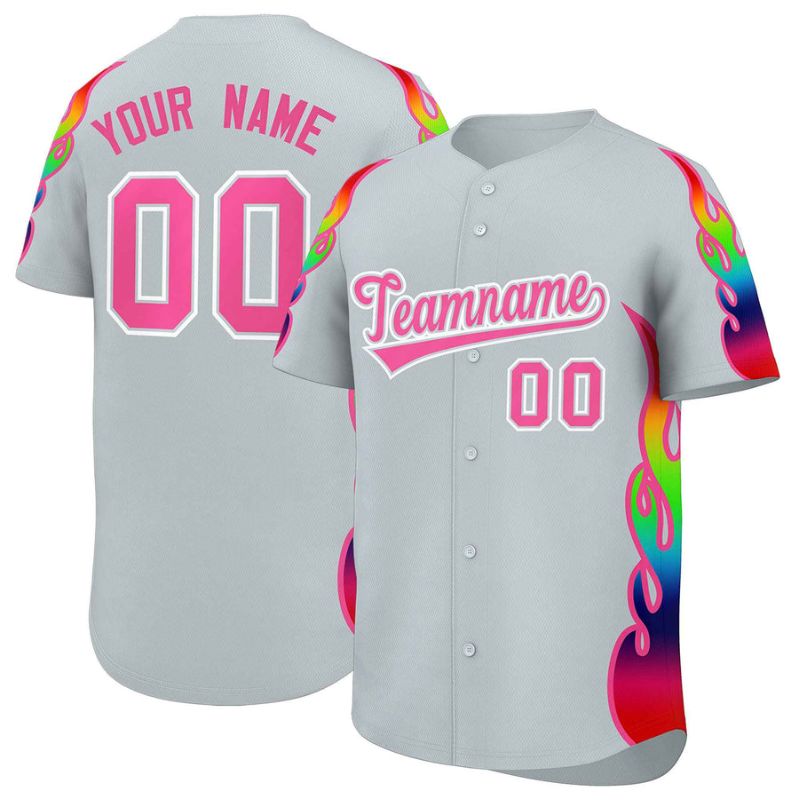 Custom Silver Graffiti Pattern Personalized Multicolored Flames Print Baseball Jersey | BuyFootballJersey