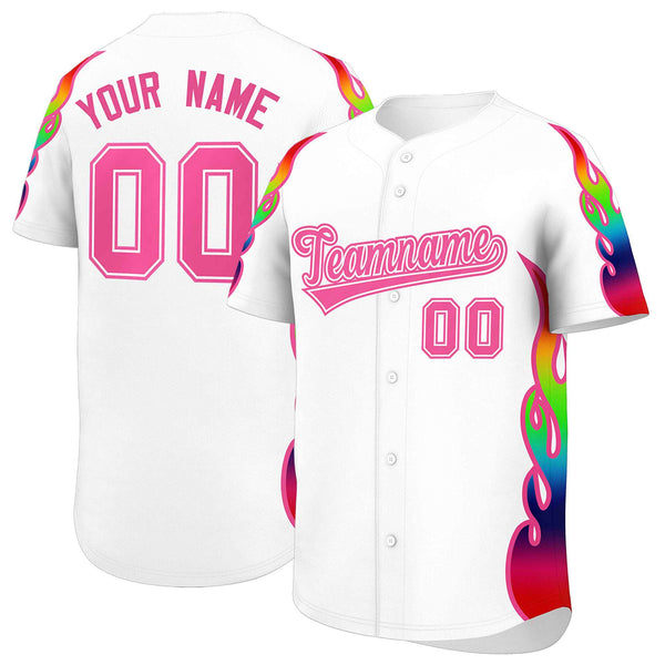 Custom White Graffiti Pattern Personalized Multicolored Flames Print Baseball Jersey | BuyFootballJersey