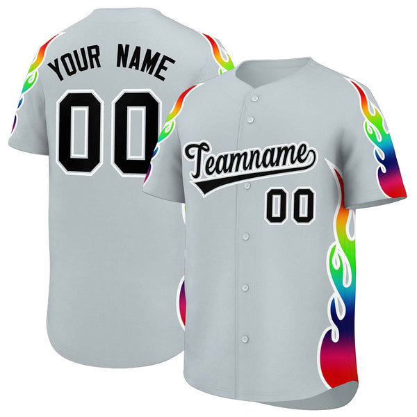 Custom Silver Graffiti Pattern Personalized Multicolored Flames Print Baseball Jersey | BuyFootballJersey