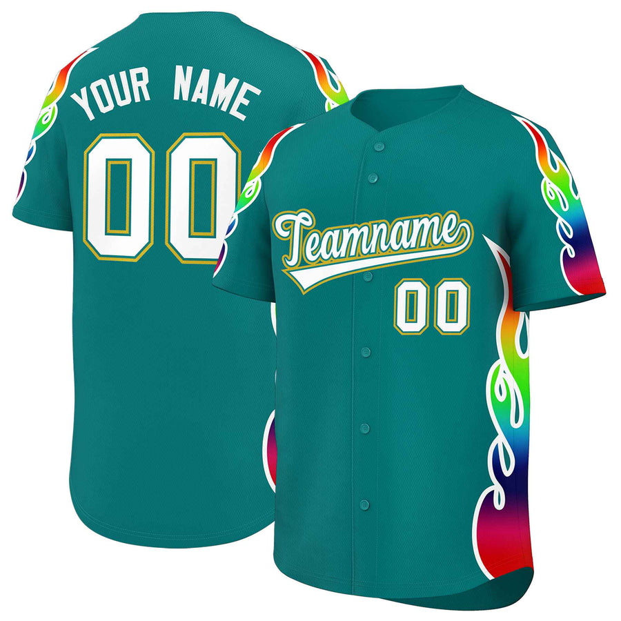 Custom Aqua Graffiti Pattern Personalized Multicolored Flames Print Baseball Jersey | BuyFootballJersey