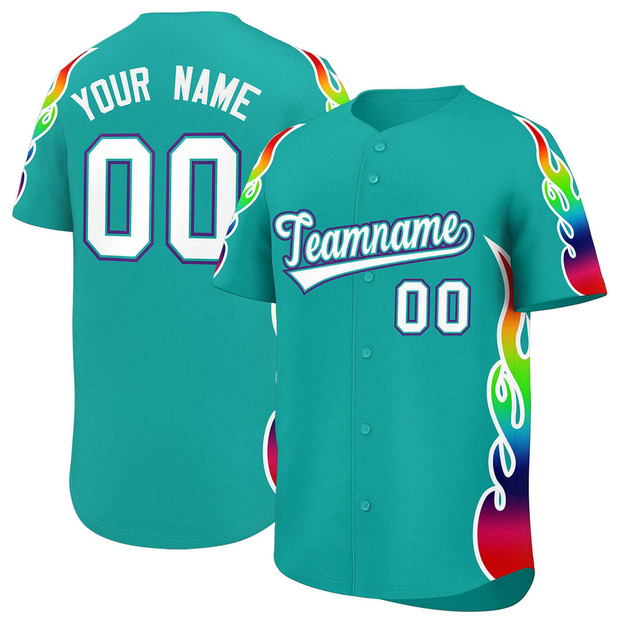 Custom Aqua Graffiti Pattern Personalized Multicolored Flames Print Baseball Jersey | BuyFootballJersey