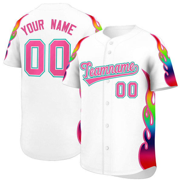 Custom White Graffiti Pattern Personalized Multicolored Flames Print Baseball Jersey | BuyFootballJersey