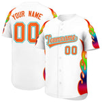 Custom White Graffiti Pattern Personalized Multicolored Flames Print Baseball Jersey | BuyFootballJersey