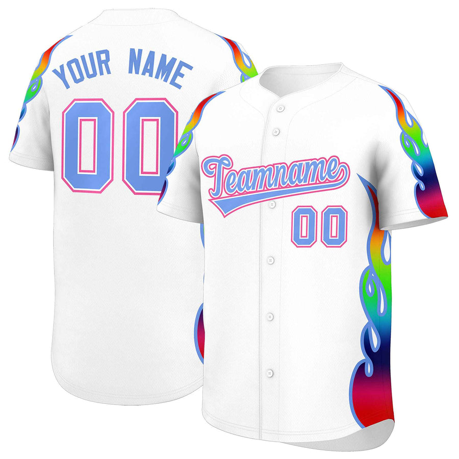 Custom White Graffiti Pattern Personalized Multicolored Flames Print Baseball Jersey | BuyFootballJersey