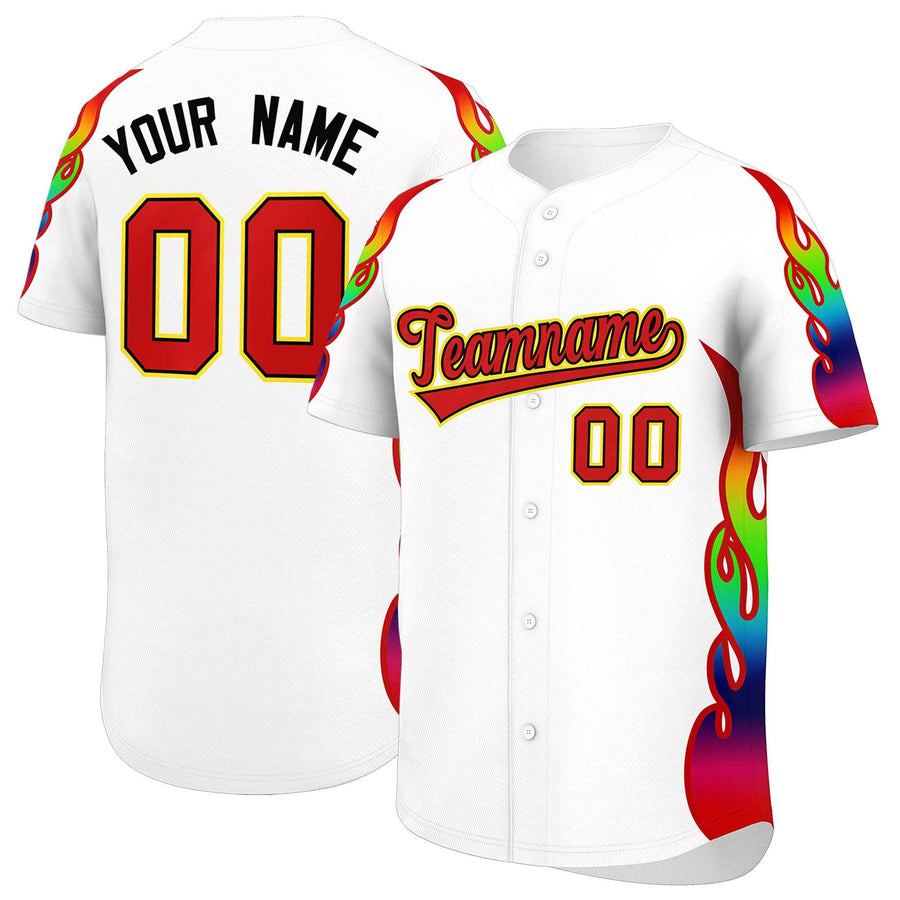 Custom White Graffiti Pattern Personalized Multicolored Flames Print Baseball Jersey | BuyFootballJersey