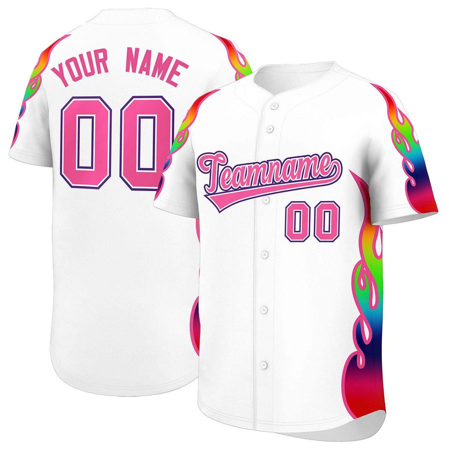 Custom White Graffiti Pattern Personalized Multicolored Flames Print Baseball Jersey | BuyFootballJersey