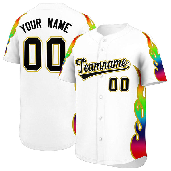 Custom White Graffiti Pattern Personalized Multicolored Flames Print Baseball Jersey | BuyFootballJersey