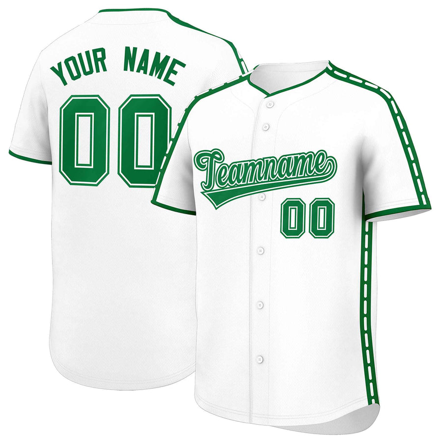 Custom White Kelly Green Color Block Personalized Side Dotted Line Baseball Jersey | BuyFootballJersey