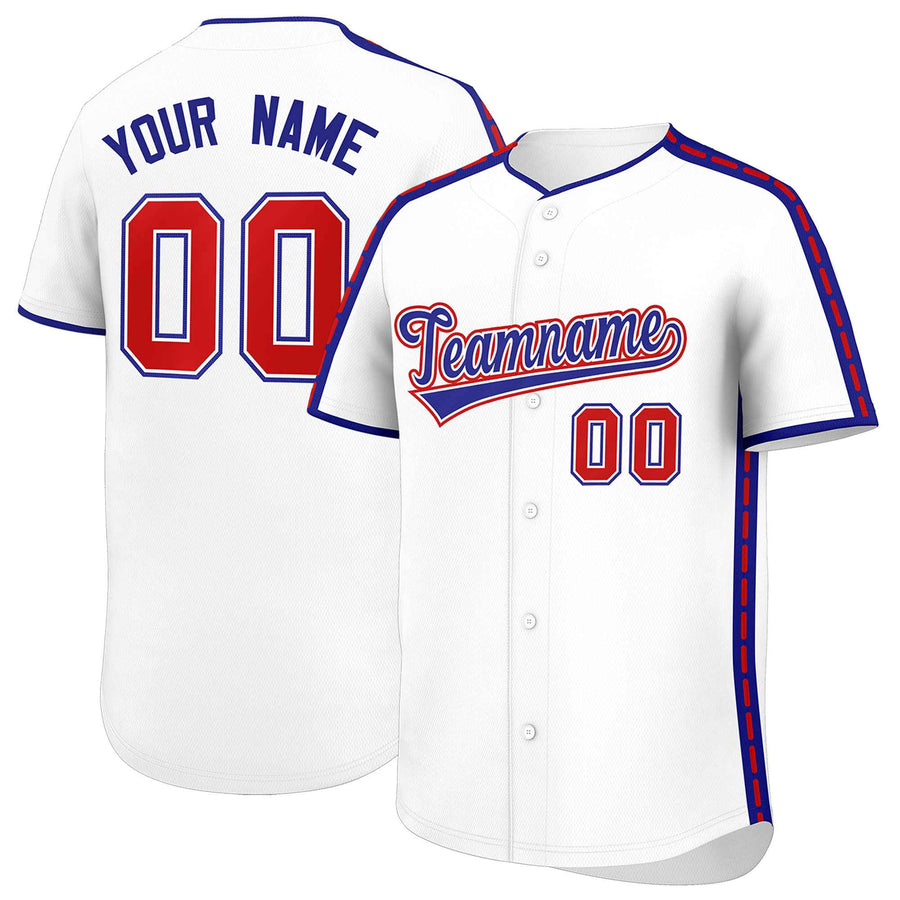 Custom White Royal Color Block Personalized Side Dotted Line Baseball Jersey | BuyFootballJersey