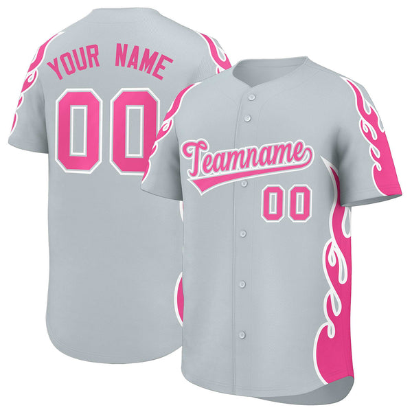 Custom Silver Pink Side Flame Outline Pattern Sports Uniform Basetball Jersey | BuyFootballJersey