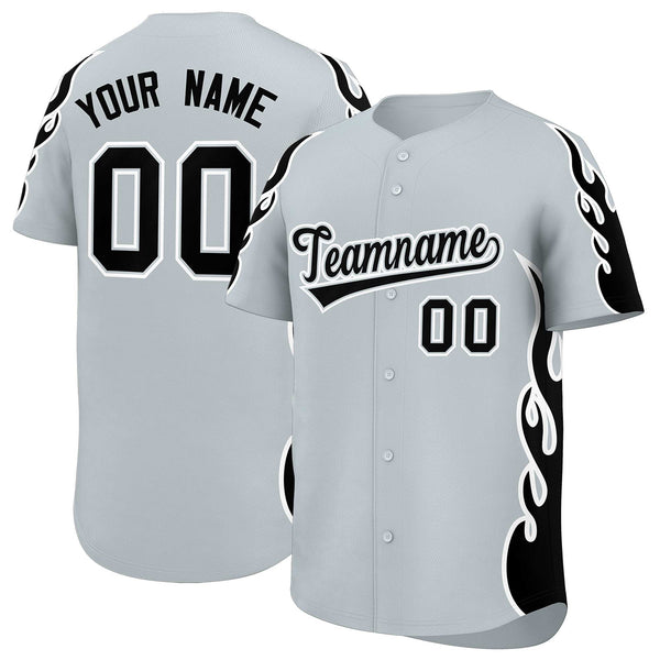 Custom Silver Black Side Flame Outline Pattern Sports Uniform Basetball Jersey | BuyFootballJersey